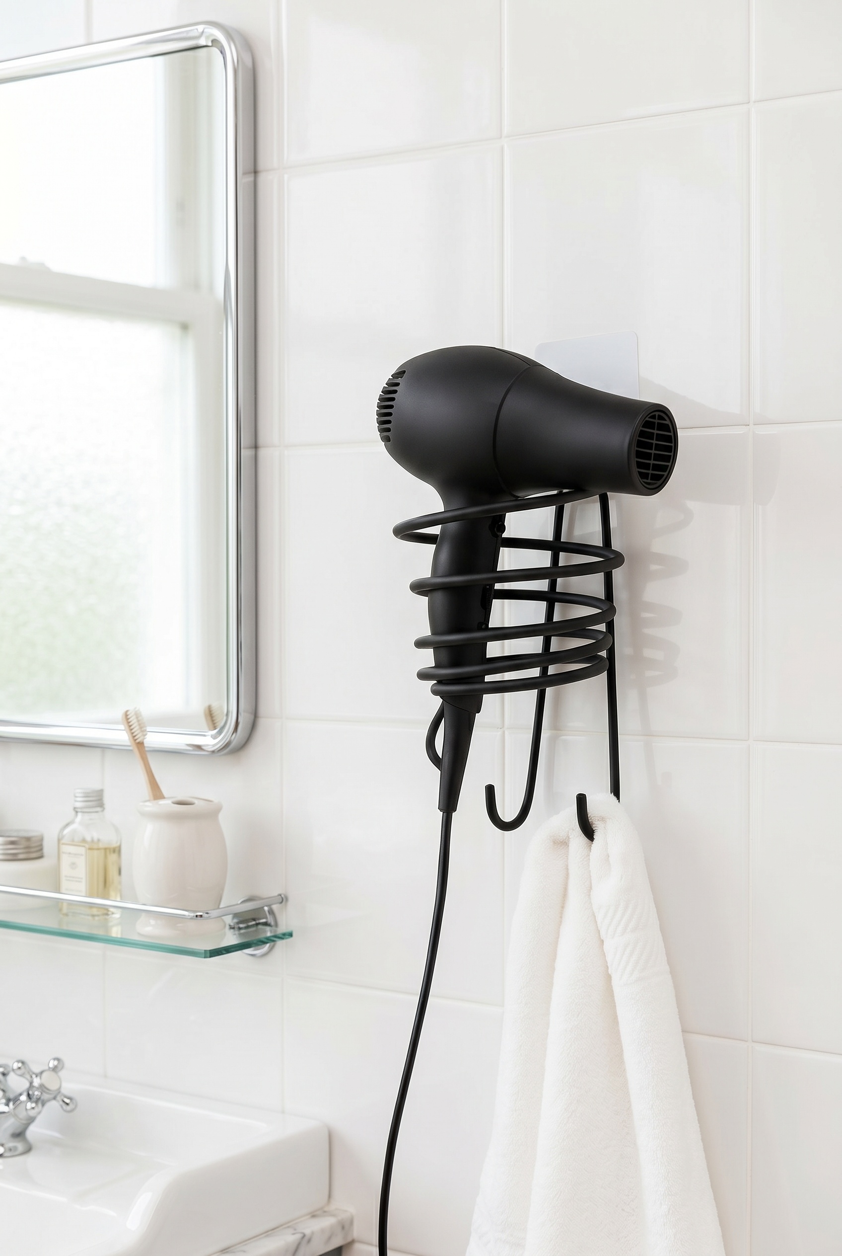 Filora Home Support sèche-cheveux — dans une salle de bain anglaise classique