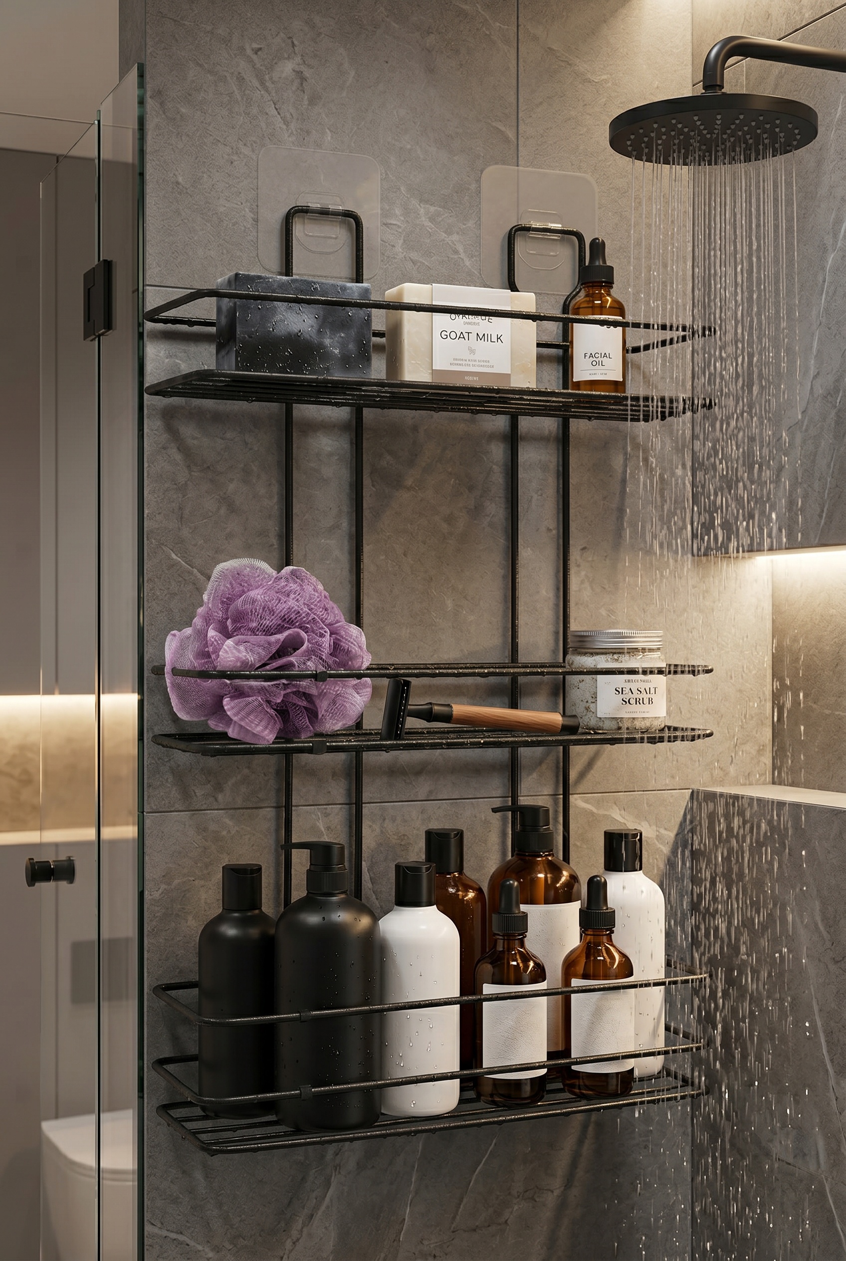 Filora Home Étagère à shampoing rectangulaire 3 niveaux — dans une cuisine scandinave moderne