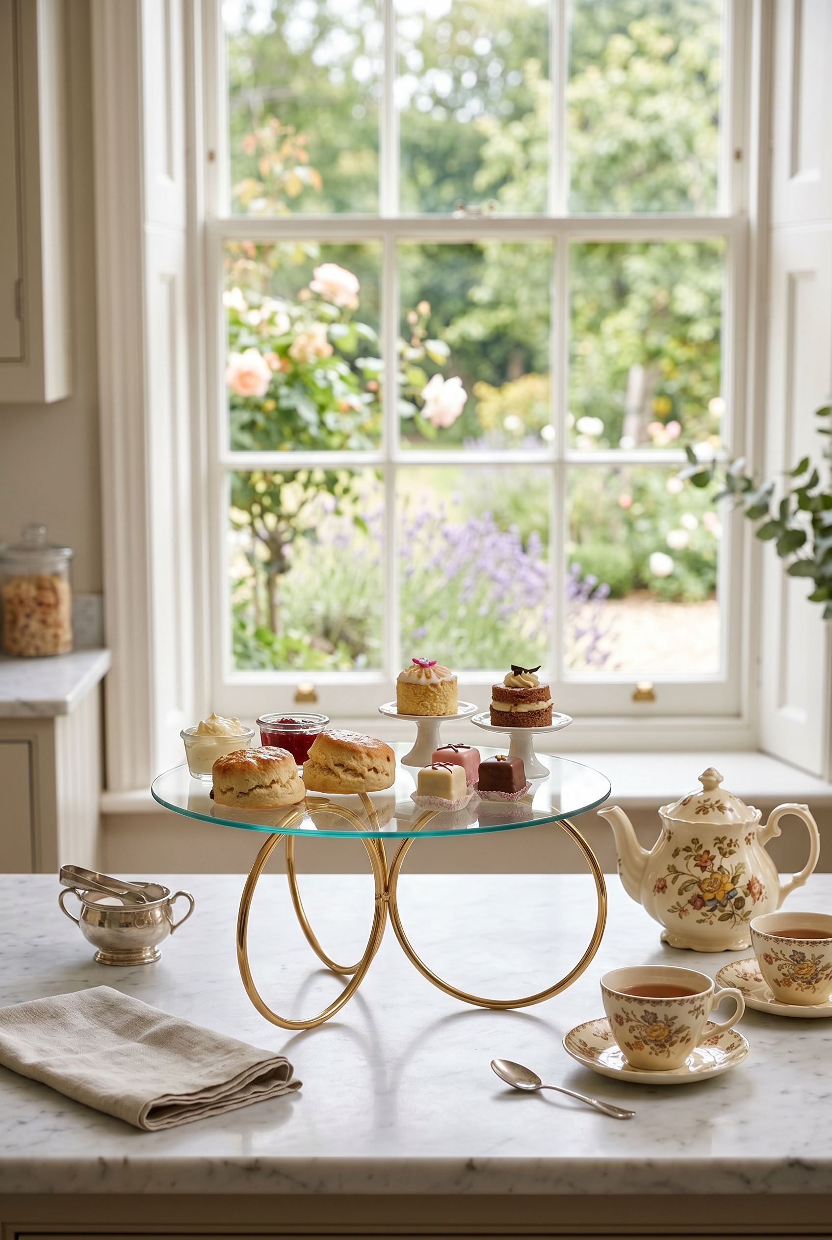 Filora Home Présentoir à gâteau en fil et verre — dans une salle de bain anglaise classique