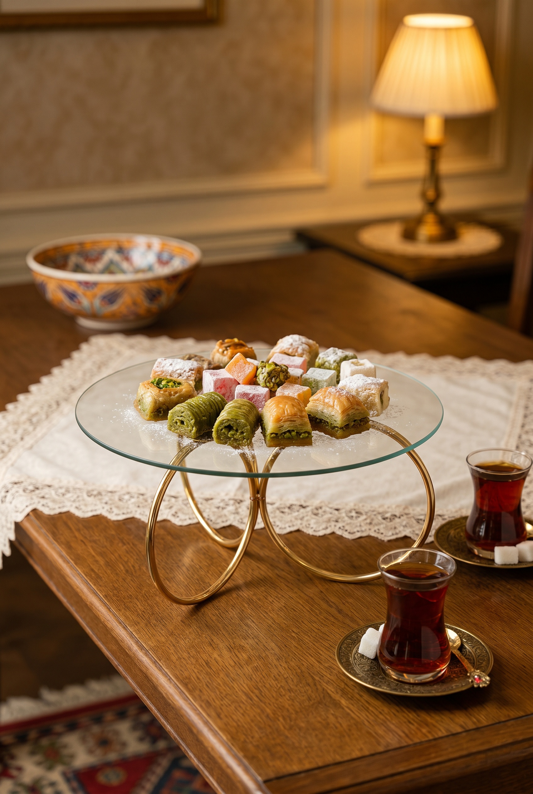 Filora Home Présentoir à gâteau en fil et verre — dans une salle de bain turque